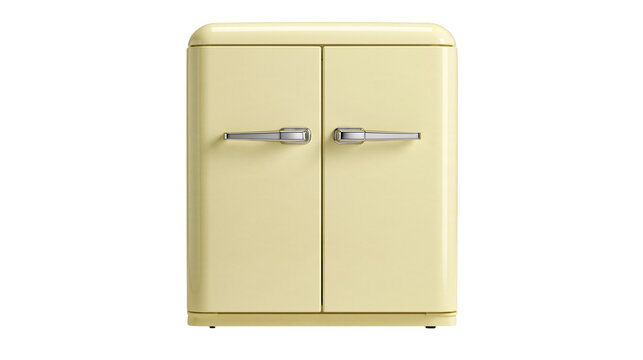 Vintage cream colored double door mini refrigerator with chrome metal handles
