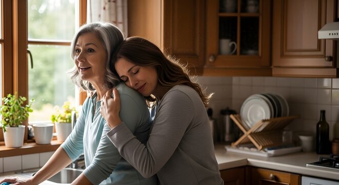 Loving adult daughter hugging her senior mother from behind in a bright home kitchen, expressing family affection and care