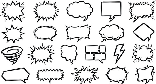 Collection of diverse hand drawn comic speech bubbles and sound effect shapes rendered as a clean black and white vector graphic design for modern artistic projects