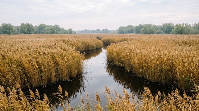 Reed bed waterway in Danube Delta with natural wetland environment