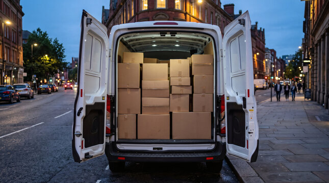 White delivery van with open back doors full of cardboard boxes on street