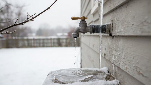 A frozen outdoor water faucet dripping with icicles in winter weather. Illustrating the importance of pipe insulation and winter plumbing maintenance tips.