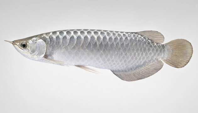 A silver arowana fish portrait detailed scales side view on transparent background.