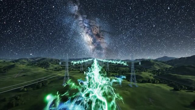Overhead electricity transmission lines with Di a VSRExport in a nighttime landscape
