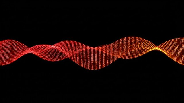 Glowing orange digital wave animation featuring moving particles forming a rhythmic sine curve against a deep dark black motion background