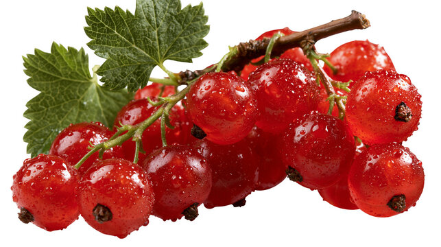 Fresh ripe red currants on a stem with green leaves and water droplets