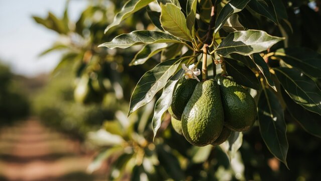 Green avocados ripen on a tree branch with a small white flower, suggesting healthy harvest for food.
