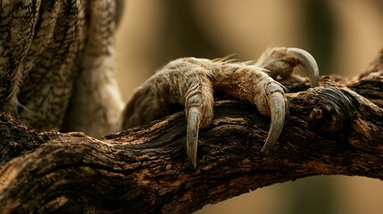 Fototapeta premium Close up of a sloth claw gripping onto a textured tree branch.