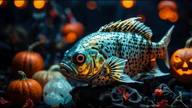 Sea fish on decorated scary dark Halloween pumpkin background AI Generative