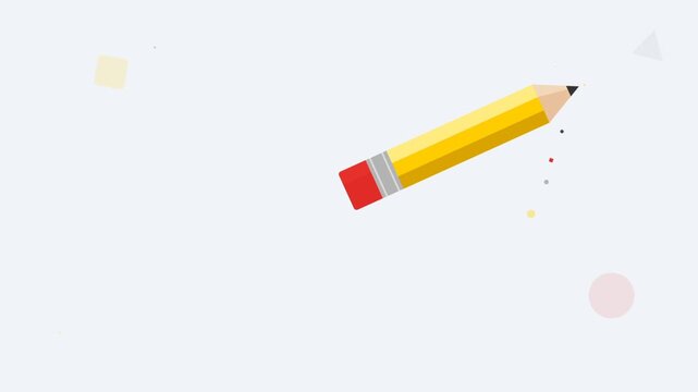 Animated yellow pencil floating on light background with geometric shapes