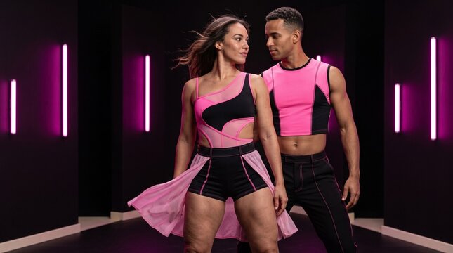 Two adult Kizomba dancers in Ginga Banga styling with hourglass neon-pink bralette sheer overskirt and neon-pink seam sleeveless crop, monochrome black magenta LED vertical tubes