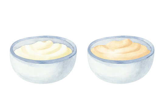 Sour cream and applesauce in small ceramic bowls watercolor illustration isolated on white. Traditional toppings for potato latkes on Jewish Hanukkah holiday. Simple hand drawn sketch