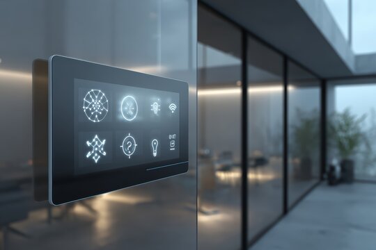 Smart home control panel integrated into a glass wall displays minimalist icons and connected network graphics, giving residents one sleek interface to manage lighting, security and automated devices
