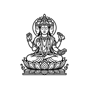 Monochrome line art of a multi-headed deity, symbolizing creation, divine wisdom, and spiritual harmony, seated on a sacred lotus blossom