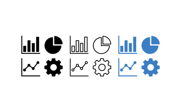 Business data analytics icons set, financial bar charts and pie graphs, corporate progress line diagrams and settings gear symbols