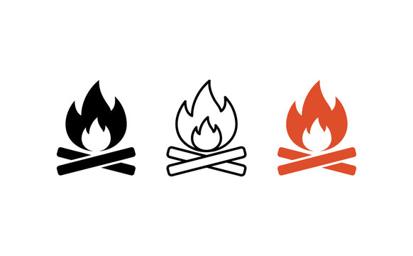 campfire icon set, simple bonfire line symbols, black and orange fire flame graphic elements for camping and outdoor adventure designs