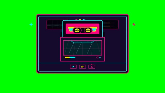 Retro neon cassette player animation ejecting a music tape against green screen