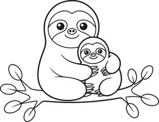 Fototapeta premium Sloth and baby illustration depicts a cartoon animal on a tree branch
