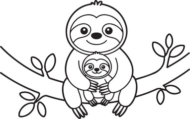 Fototapeta premium Sloth and baby illustration on a branch black and white vector design