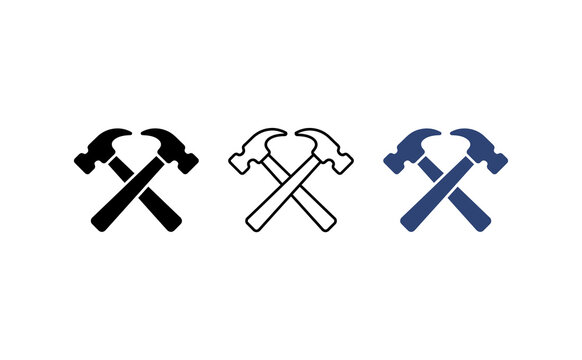 crossed hammers icon set, construction and carpentry tools graphic, flat vector repair symbols on white background