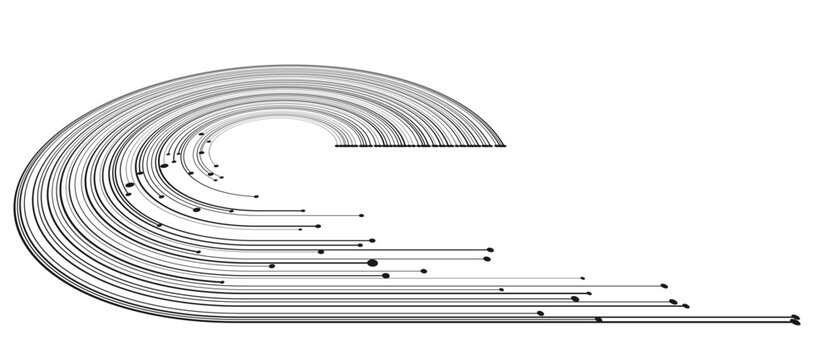 Curved parallel lines forming a perspective loop unwinding into straight rays ending in dots, motion and circular movement vector design element.