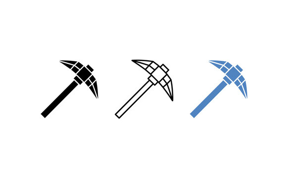 Pickaxe vector icons set, mining tool symbols in black, outline, and blue styles, isolated construction equipment graphics