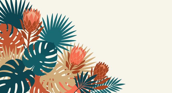 Tropical leaves and protea flowers vector background composition