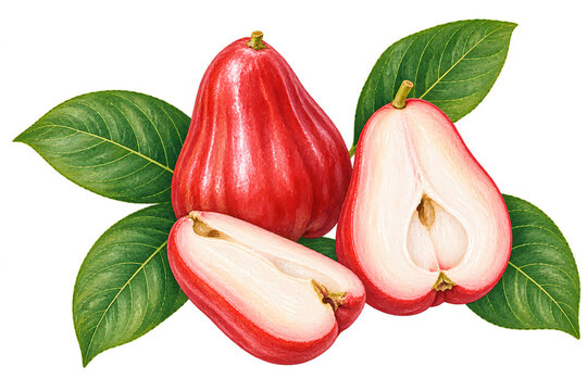 Fresh Red Wax Apples with Leaves Hand Painted Watercolor Illustration. A hand painted watercolor illustration of Whole and Cut red wax apples, jambu air. Clean tropical fruit illustration.
