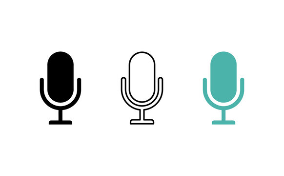microphone icon set, podcast mic symbol in solid black, outline, and teal blue styles, audio recording and broadcasting vector graphics