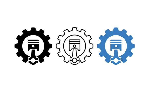 Engine piston and gear icons set, automotive service and car repair logo templates, mechanical engineering symbols on white background