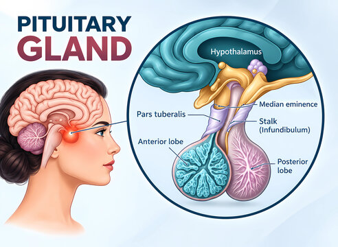 Medical Illustration. Brain Anatomy with Pituitary Gland, Anterior and Posterior Lobes.