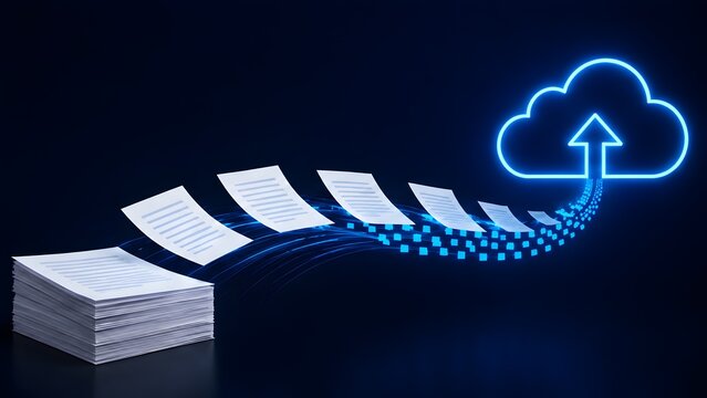 Stack of paper documents transforming into digital glowing data particles flying into a neon cloud icon representing digital transformation and cloud migration