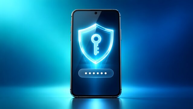 Cyber security concept featuring a glowing neon blue shield and key icon on a generic smartphone screen, illustrating mobile data protection, digital encryption, and internet privacy safety.