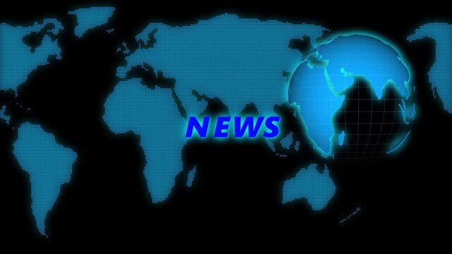World map animation displays blue dots and breaking news. Television broadcast media streams on the world map animation. Global journalism reporting telemetry routes across the world map animation.