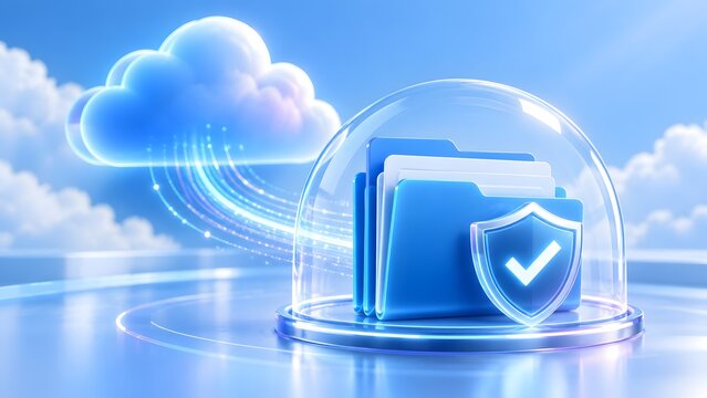 Conceptual 3D illustration of secure cloud storage and data protection featuring a blue folder inside a glass dome with a shield icon representing cyber security and privacy.