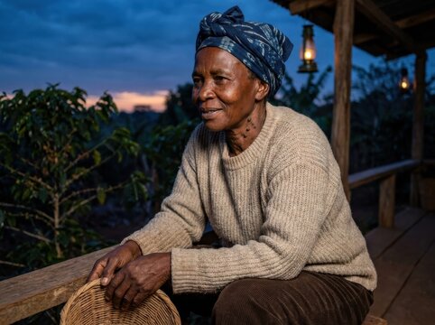 Matriarch portrait at dusk on a rustic porch with woven basket