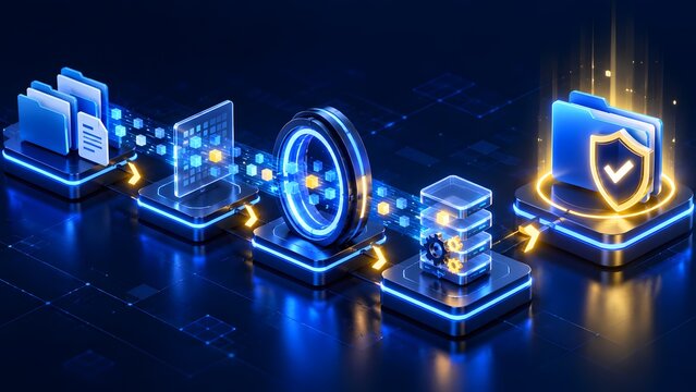 Digital data exchange management concept with secure file transfer, cyber security shield protection, and cloud computing storage on a futuristic glowing blue background for business tech.