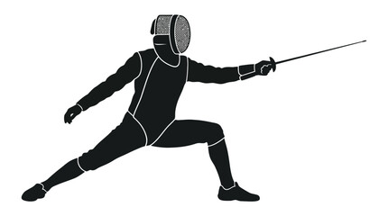 Fototapeta premium Fencer in protective gear holding a foil sword in a competitive athletic lunging posture.