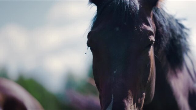 Dark brown horse with flowing mane gazes directly at the camera, showcasing its expressive features in a natural outdoor setting with blurred greenery in the background