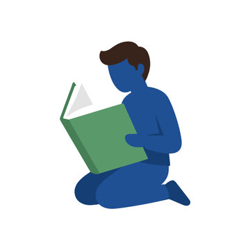 Person kneeling while reading an open book for education and learning