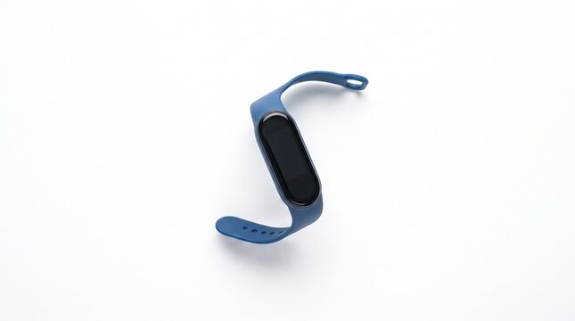 Blue fitness tracker smartwatch sits isolated on a clean white background.