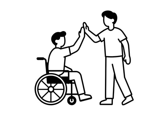 Man in wheelchair giving high five to friend line art vector illustration representing friendship support disability inclusion and teamwork concept