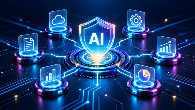 Artificial Intelligence Security and Data Privacy Concept Featuring an AI Shield Icon Connected to Cloud Computing, Analytics, and Digital Governance Modules on a High-Tech Circuit Background