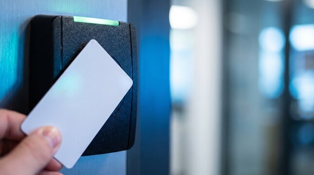 Hand tapping a blank white access card against an electronic door reader in an office.