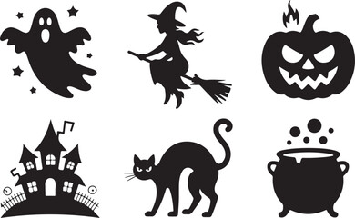 Fototapeta premium Halloween silhouettes featuring ghost witch pumpkin and haunted house