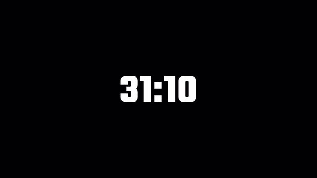 Thirty four minute countdown timer animation on transparent background in sixty seconds