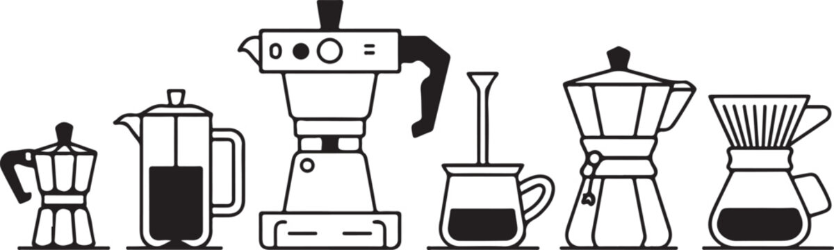 Linear vector illustration of coffee making equipment on a white background