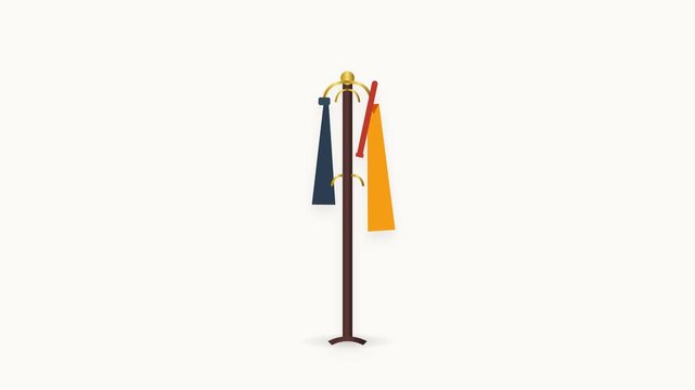 Dark Wood and Brass Standing Coat Rack with Swaying Outerwear and Rotating Hooks in Flat Design