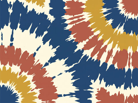 Handcrafted tie-dye textile pattern with circular blue red and yellow motifs