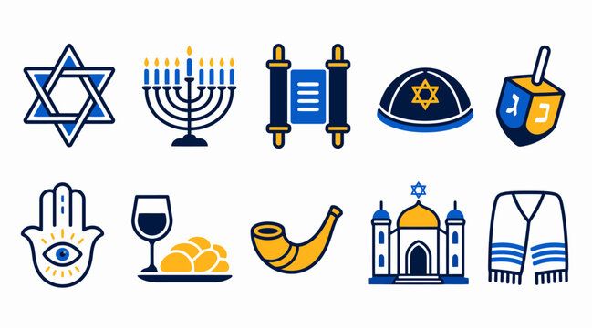 Colorful Jewish Symbols and Religious Icons Collection.